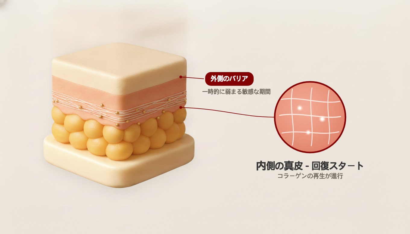 施術直後、内側の真皮でコラーゲンの回復が始まる一方、外側のバリアが一時的に弱まる回復期に入る