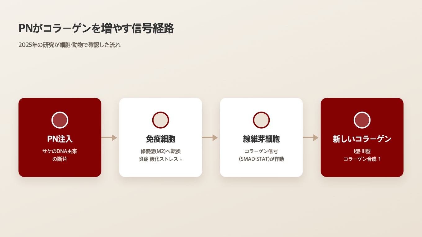 PN注入から免疫細胞の変換、線維芽細胞のシグナルを経て新しいコラーゲンが作られるまでの流れ