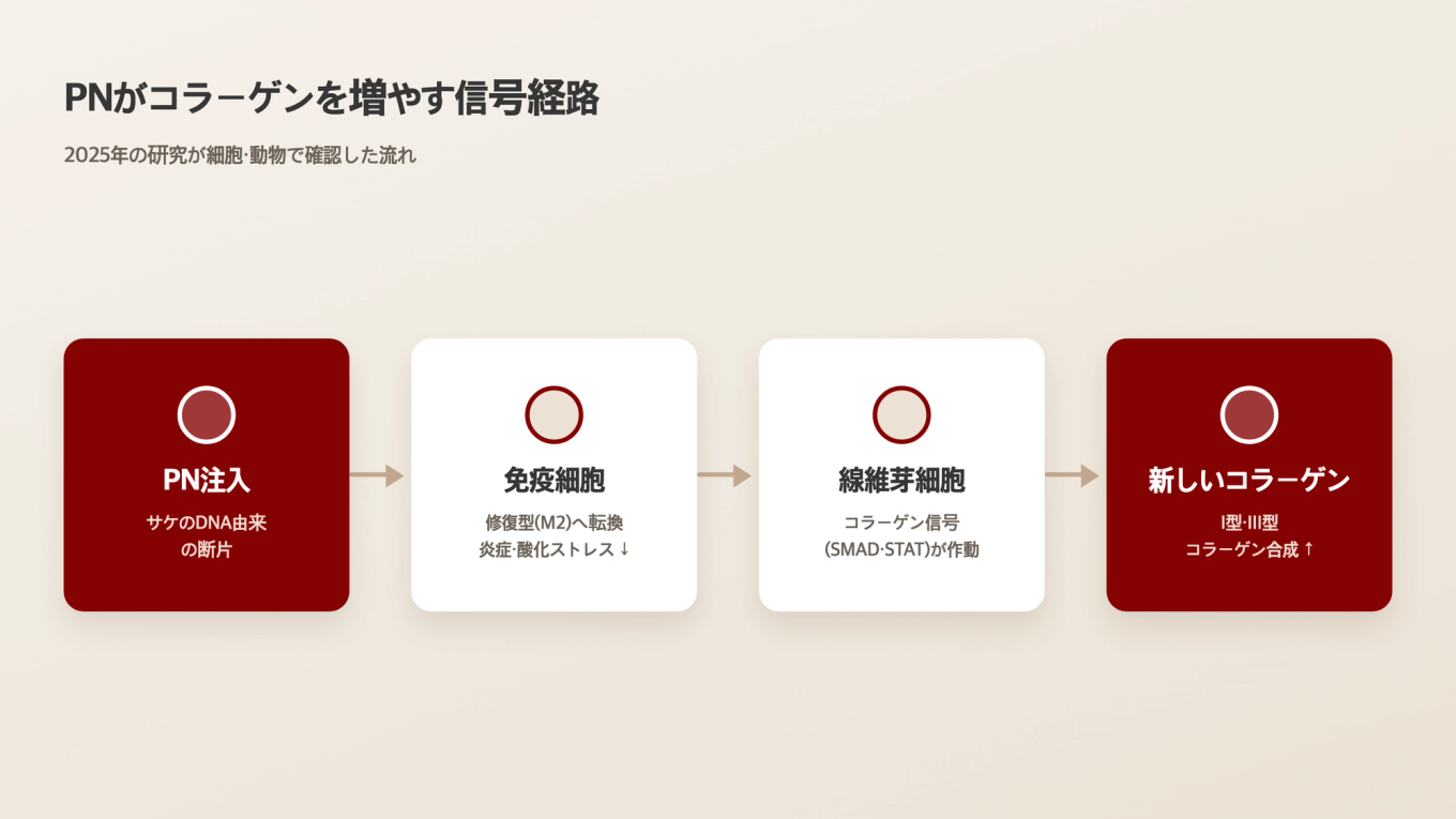 PN注入から免疫細胞の変換、線維芽細胞のシグナルを経て新しいコラーゲンが作られるまでの流れ
