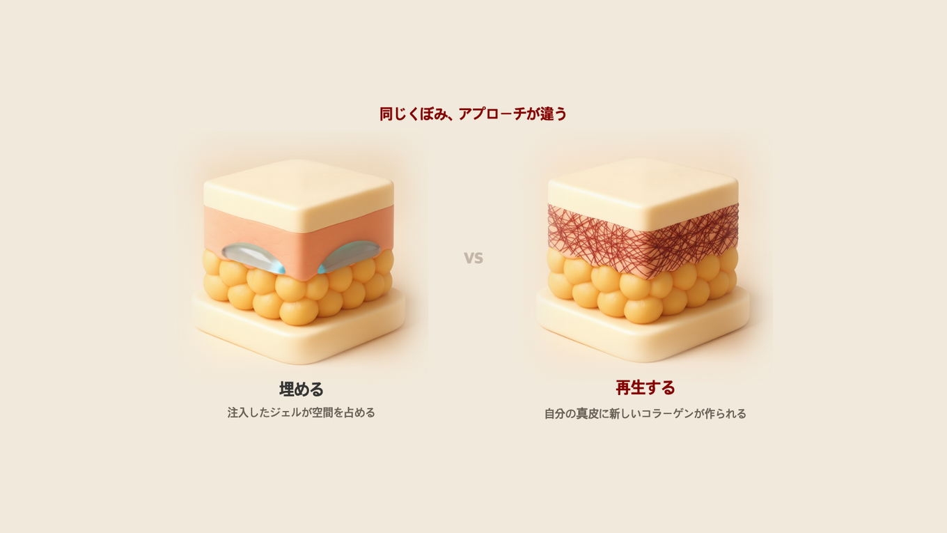 左は真皮／皮下にフィラージェルが収まってくぼんだ空間を満たした断面、右は真皮に新しいコラーゲンの網が再び編み直された断面 - 埋める方法と再生する方法の違い