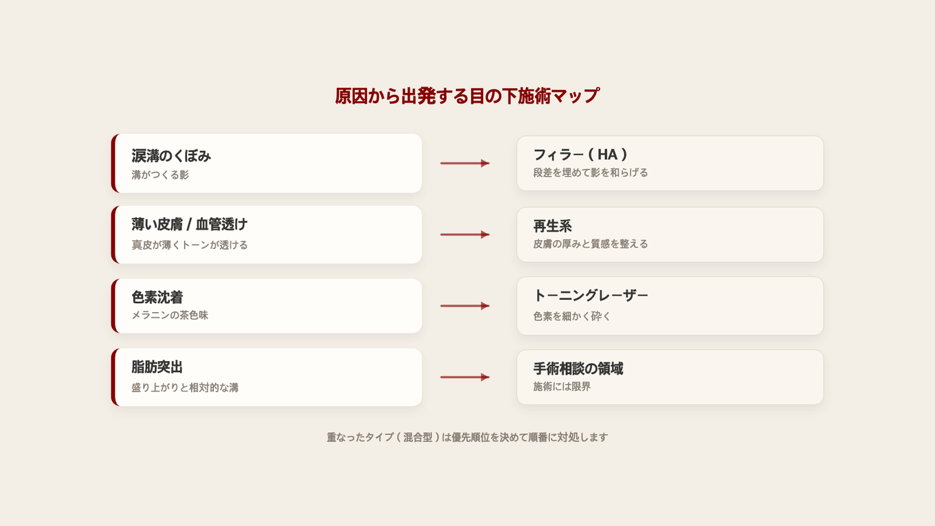 自分の目の下のタイプから出発しアプローチを選ぶと順序が決まる - くぼみはフィラー、透けは再生、色素はレーザー、突出は手術相談