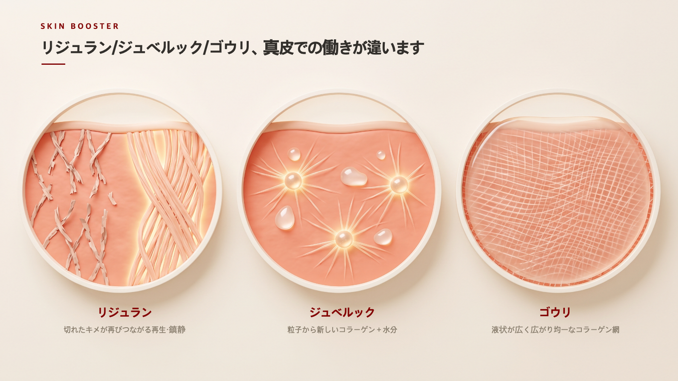 リジュランは組織再生、ジュベルックはコラーゲン生成と潤い、ゴウリは広くコラーゲンを増やしてハリを狙う