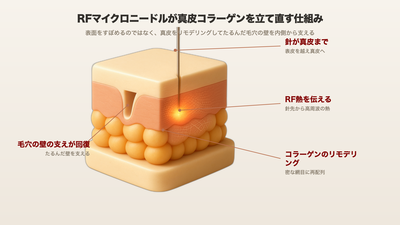 ごく細い微細針が真皮に高周波の熱を伝えると、まばらだったコラーゲンが組み直され、たるんだ毛穴の壁を内側から支える