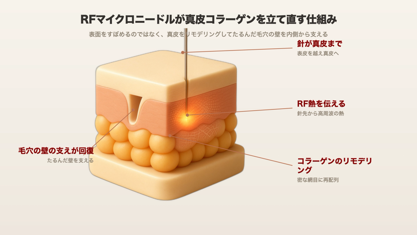 ごく細い微細針が真皮に高周波の熱を伝えると、まばらだったコラーゲンが組み直され、たるんだ毛穴の壁を内側から支える