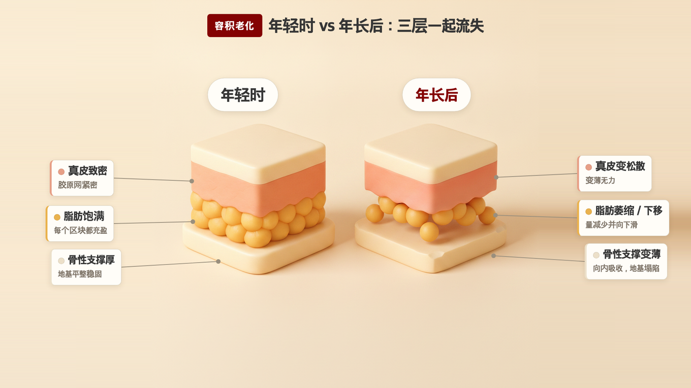 年轻时面部的脂肪饱满,支撑厚实,真皮致密。但随着年龄增长,脂肪萎缩下垂,支撑变薄,真皮松弛
