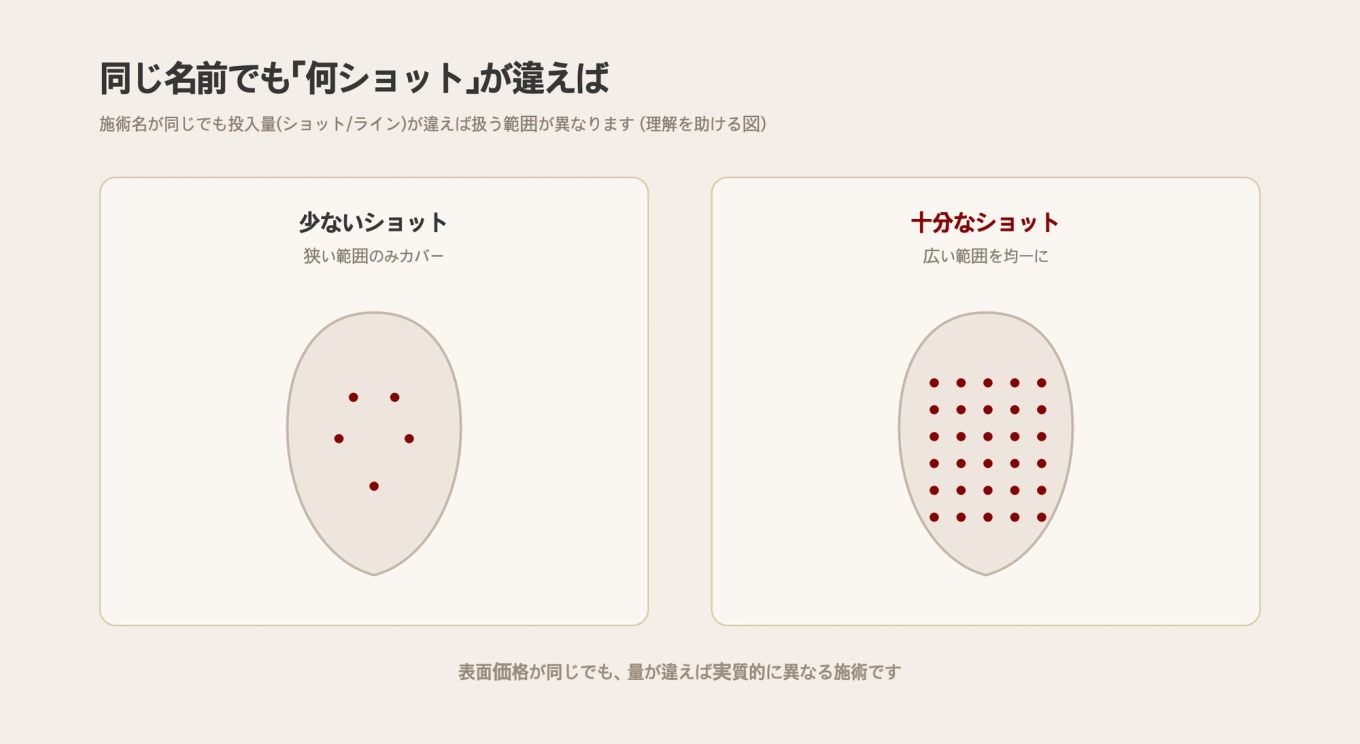 同じ施術でもショット数によって異なる範囲を比較する図