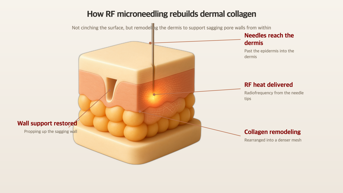 Very fine needles deliver RF heat into the dermis, sparse collagen reorganizes, and the sagging pore wall is supported from within