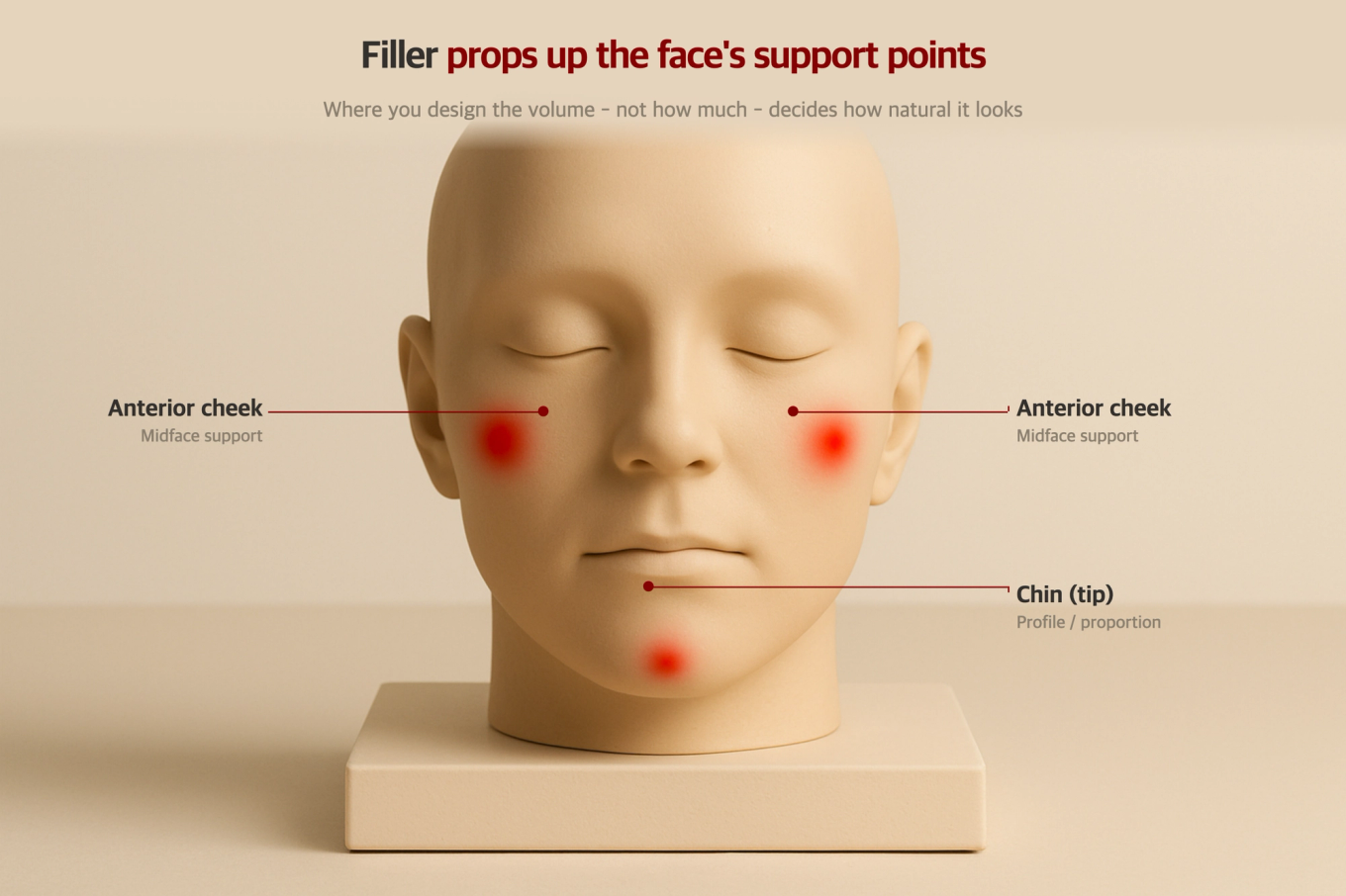 A 3D model diagram showing how the naturalness of fillers hinges on where the volume is placed on the face rather than the amount