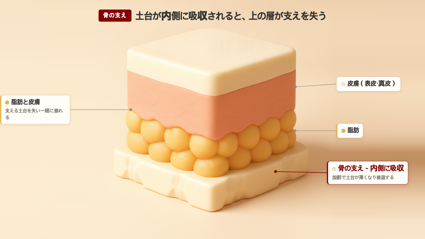 年を取ると骨の支えが内側に吸収され、上の脂肪と皮膚が支える土台を失う