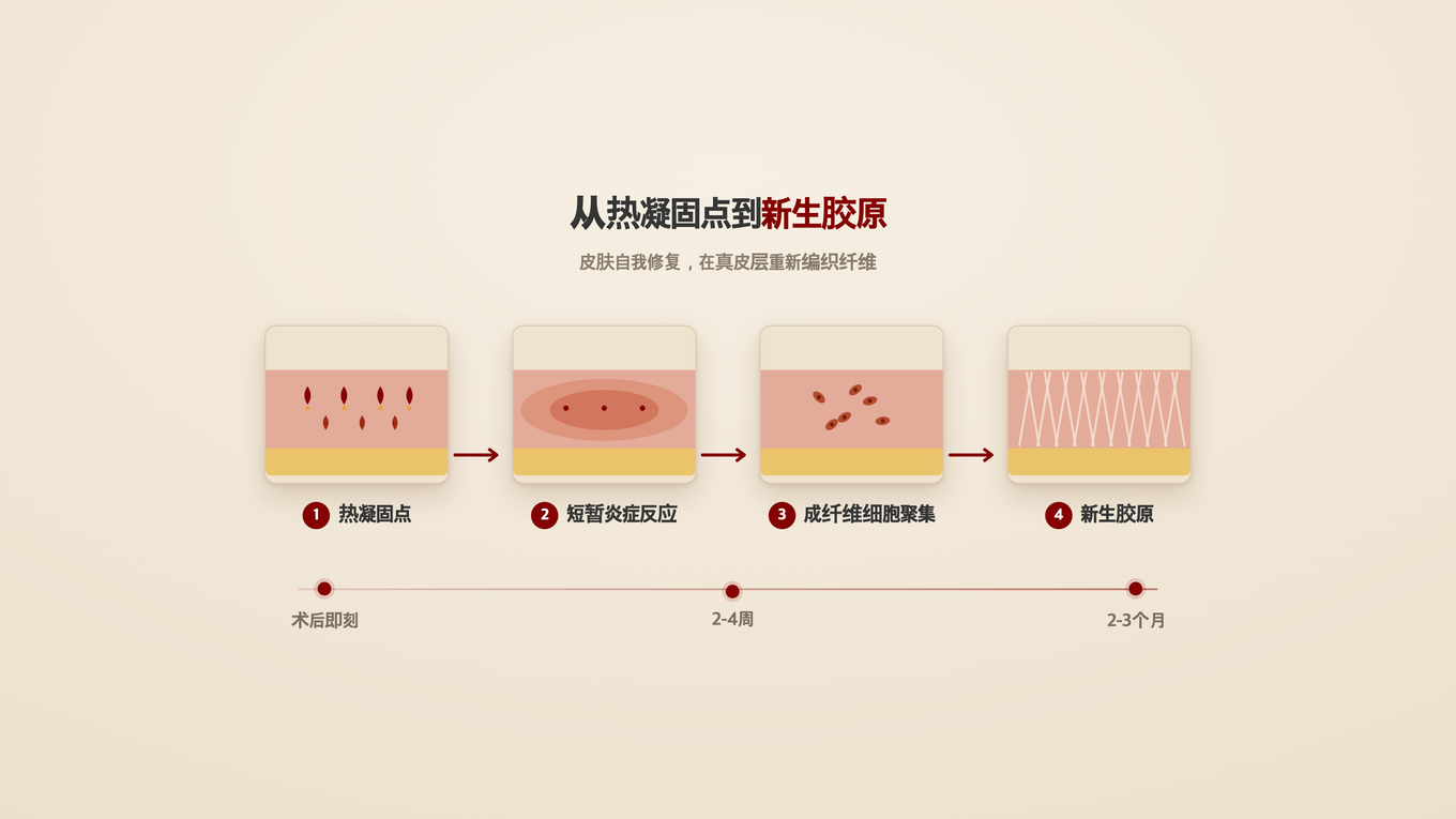 热凝固点形成后,成纤维细胞聚集,在数周到数月内编织出新胶原蛋白