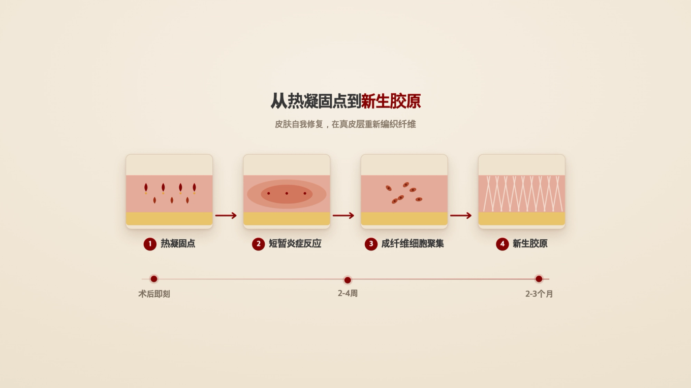 热凝固点形成后，成纤维细胞聚集，在数周到数月内编织出新胶原蛋白