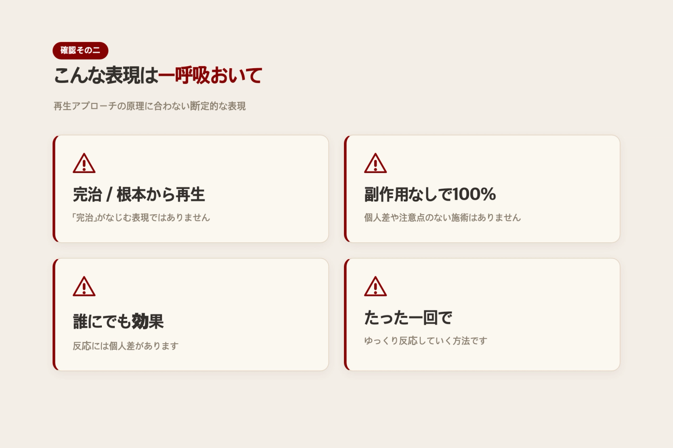 幹細胞再生施術広告で誇張のサインと見ることができる断定的表現のタイプをまとめた注意図
