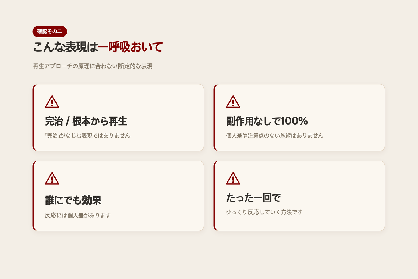 幹細胞再生施術広告で誇張のサインと見ることができる断定的表現のタイプをまとめた注意図