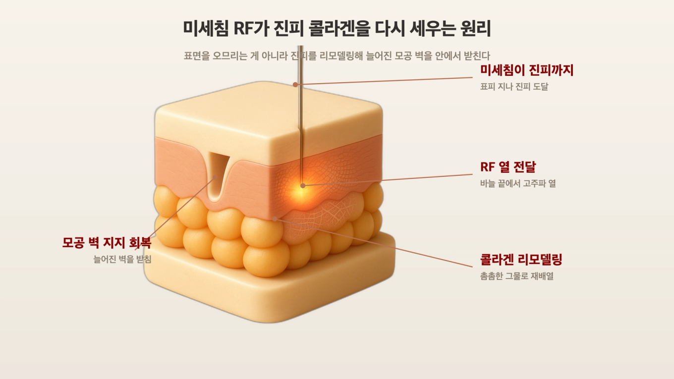 아주 가는 미세침이 진피까지 고주파 열을 전달하면 성글던 콜라겐이 다시 배열되며 늘어진 모공 벽을 안에서 받친다