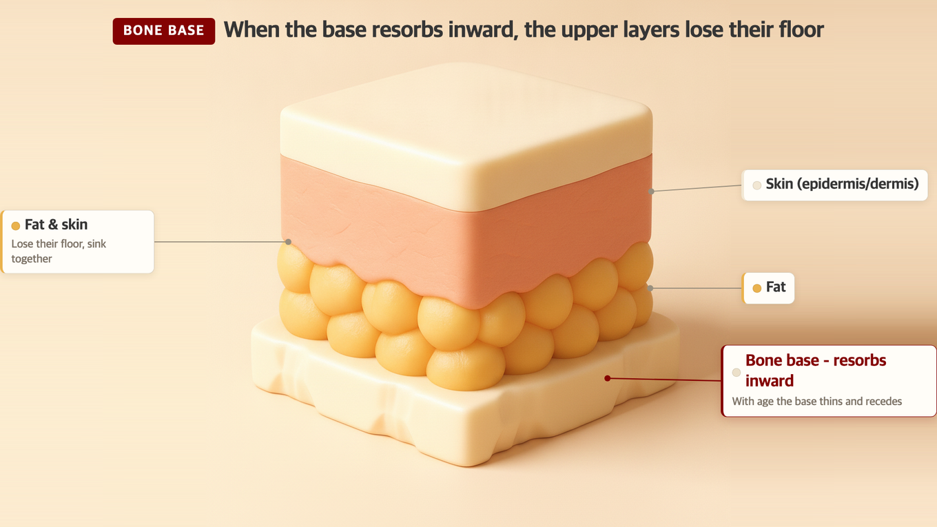 With age, bone support gets absorbed inward, and the fat and skin above lose their foundation, making the face look sunken