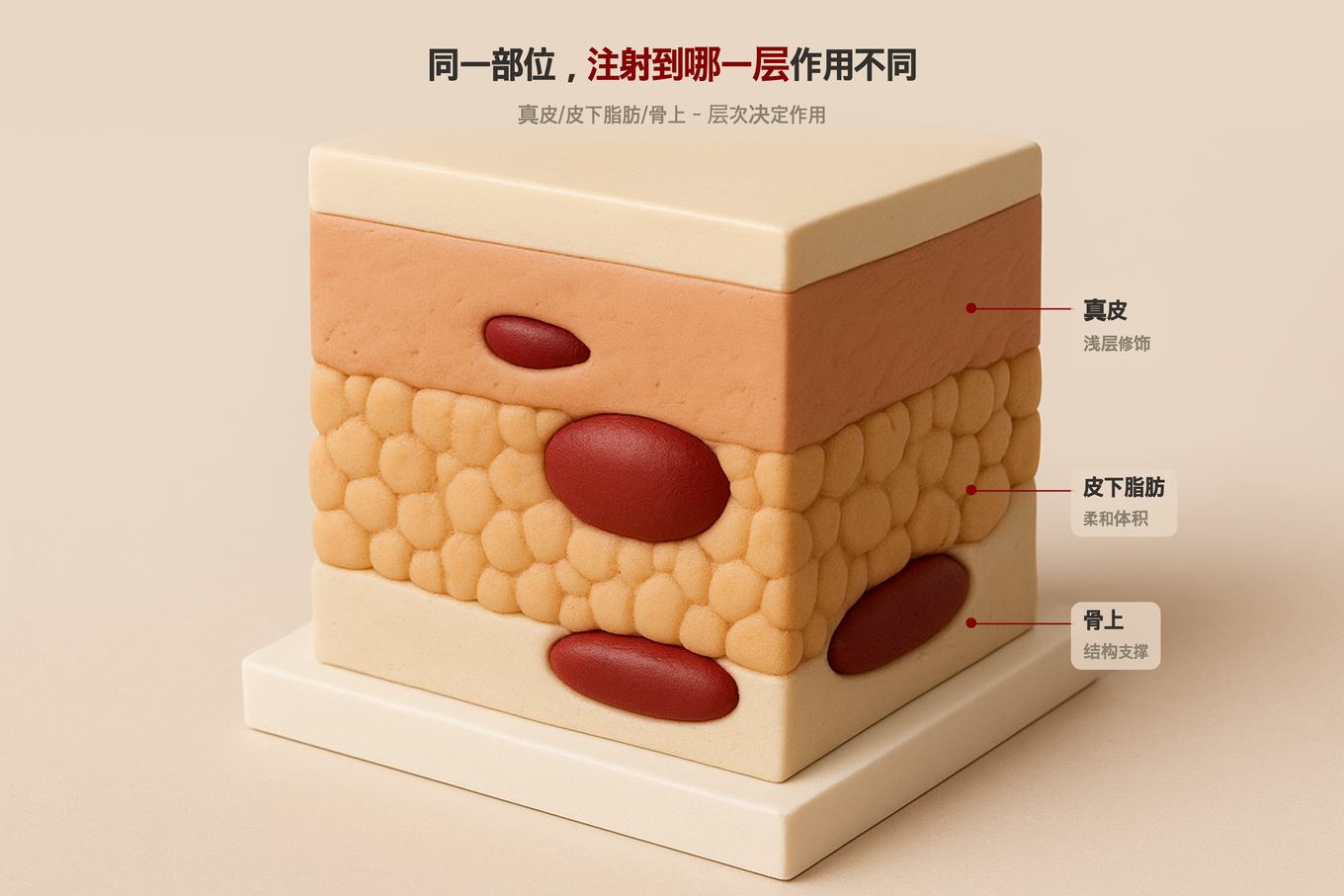 展示填充物注射到真皮、皮下脂肪、骨上三层不同位置作用的皮肤横截面3D模型示意图