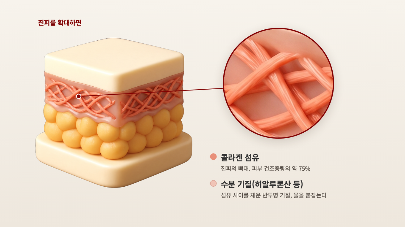 진피를 확대해 보면 콜라겐 섬유가 그물처럼 얽혀 있고, 그 사이를 수분을 머금은 기질이 채우고 있다