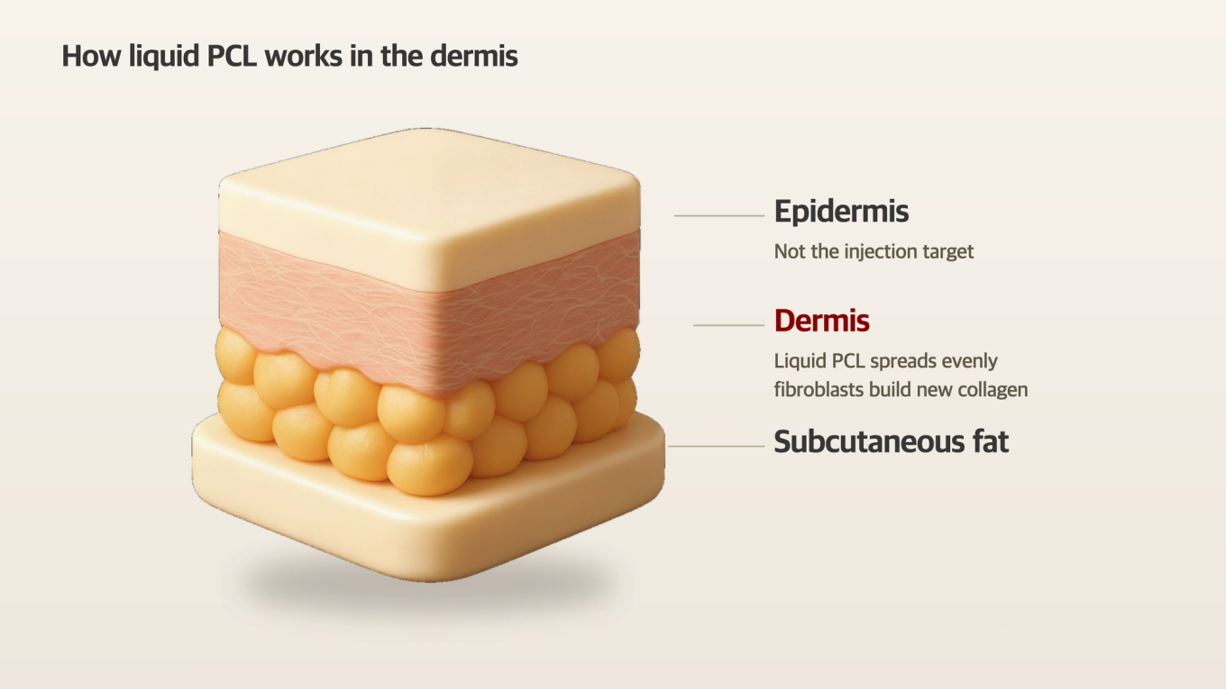 Cross-section of the dermis between the epidermis and the fat layer - the layer where liquid PCL is injected and spreads