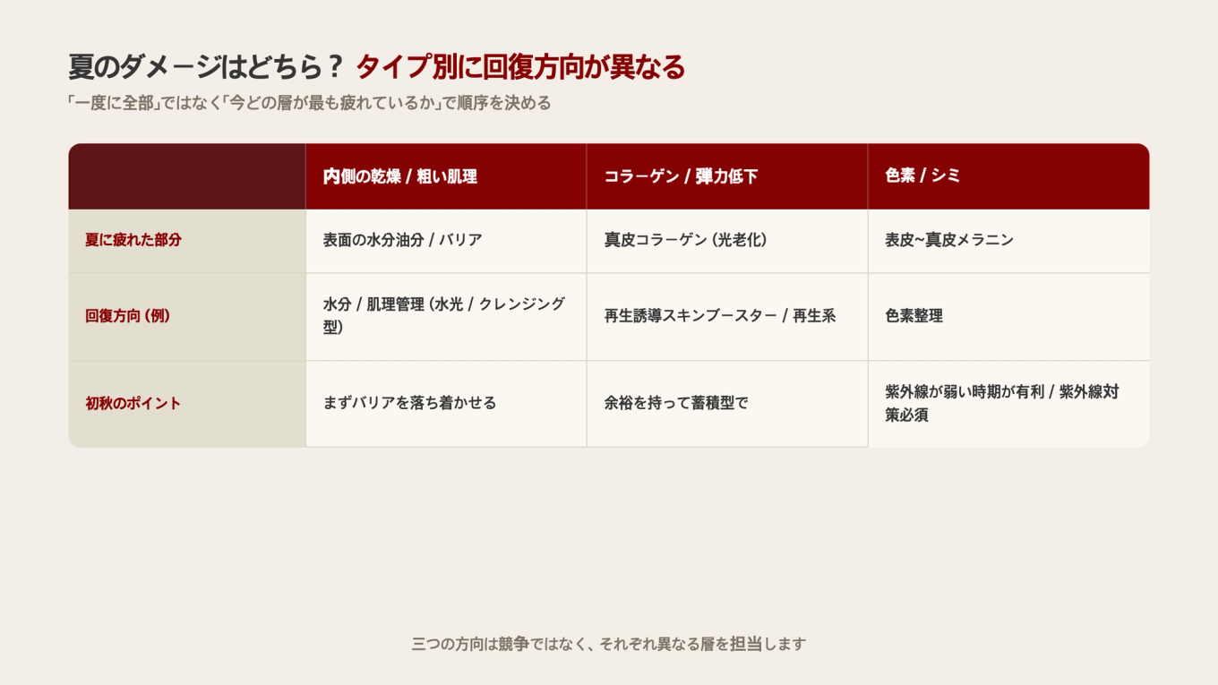 夏のダメージの種類(インナードライ/粗い質感 / コラーゲン/弾力低下 / 色素/シミ)別に回復方向と時期の注意点を分けた比較表