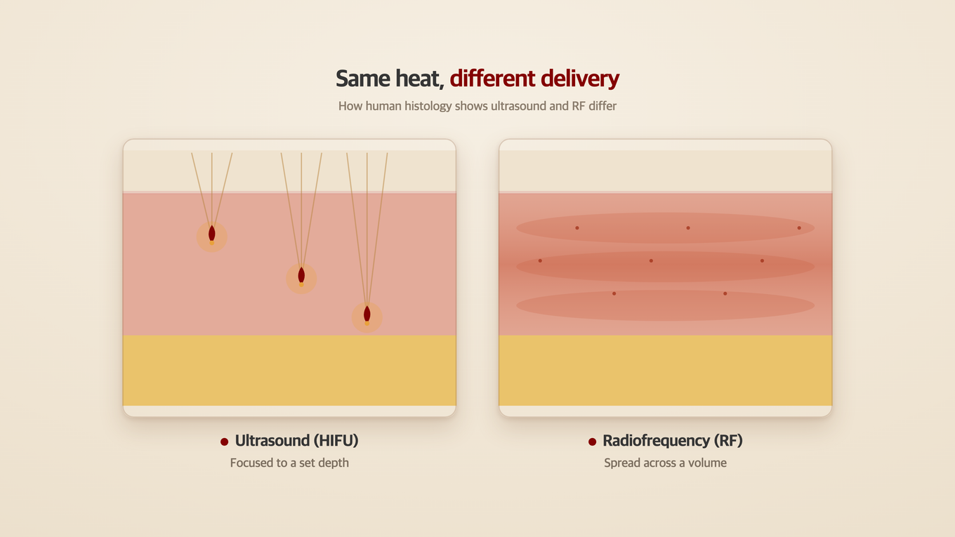 Ultrasound delivers heat focused to a set depth while radiofrequency spreads it across several dermal layers