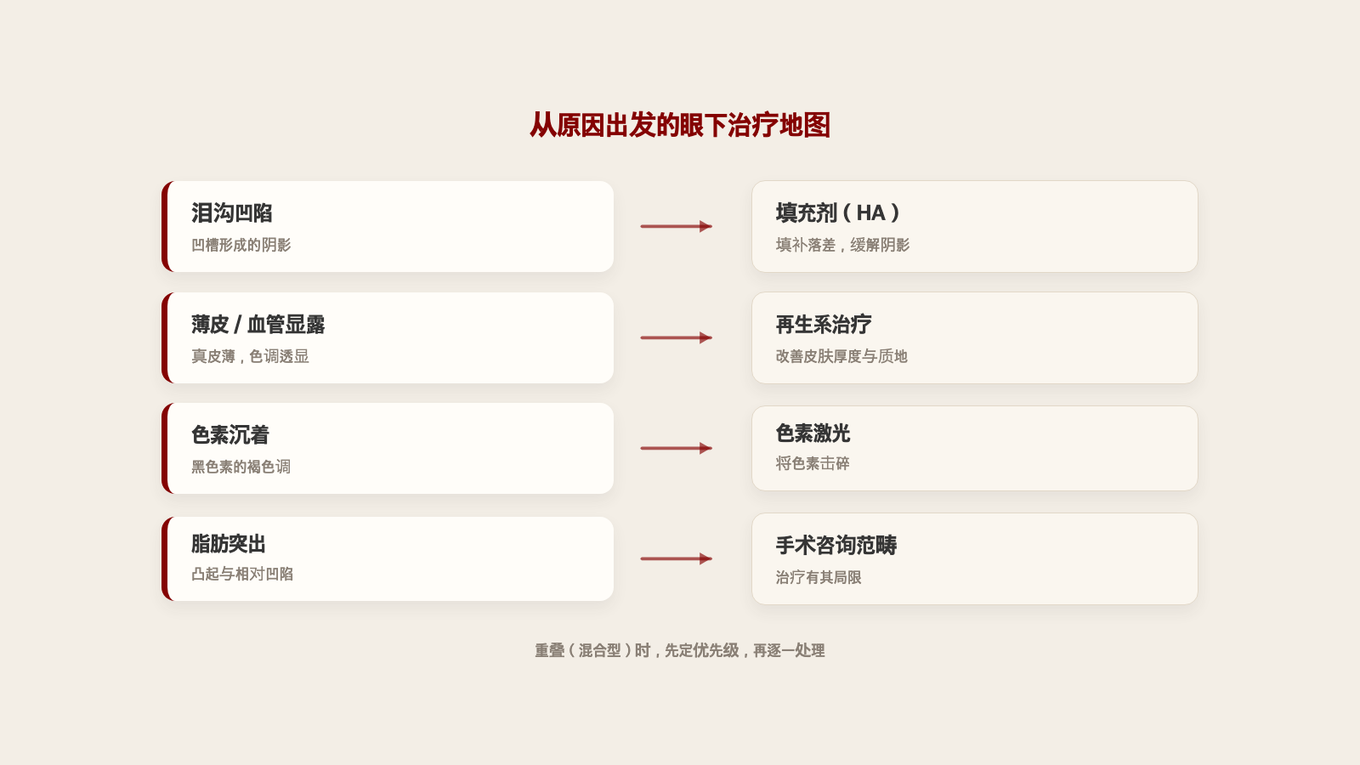 从我眼下类型选择治疗方向 - 凹陷用填充剂，显露用再生，色素用激光，突出需手术咨询