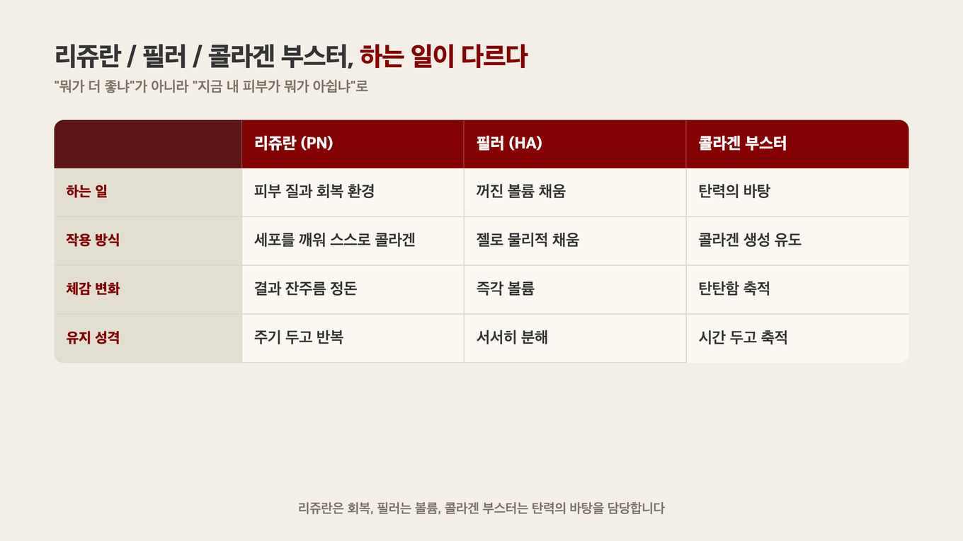 리쥬란은 피부 질과 회복, 필러는 꺼진 볼륨, 콜라겐 부스터는 탄력의 바탕 - 지금 내 피부에 아쉬운 것으로 고른다