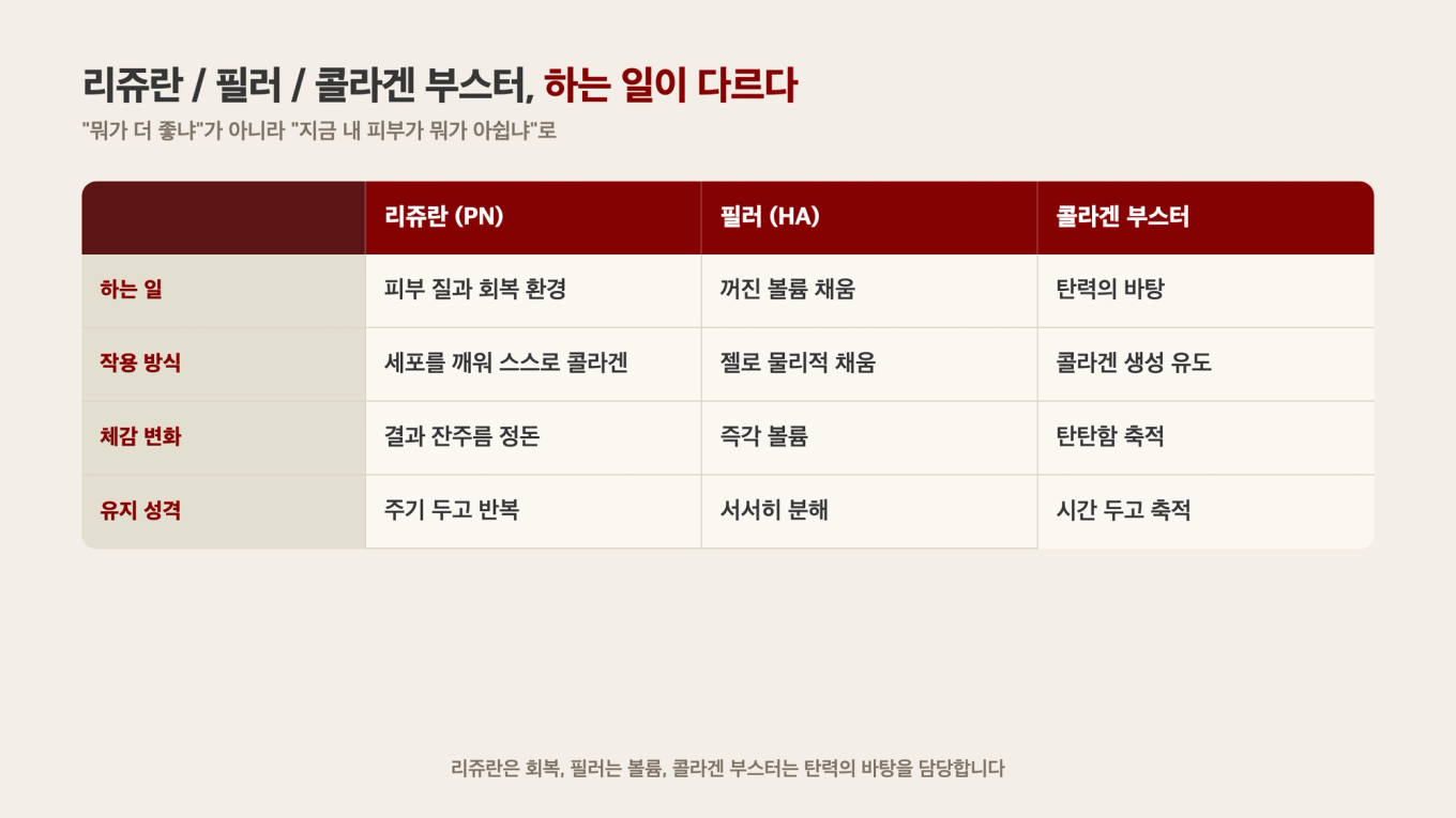 리쥬란은 피부 질과 회복, 필러는 꺼진 볼륨, 콜라겐 부스터는 탄력의 바탕 - 지금 내 피부에 아쉬운 것으로 고른다