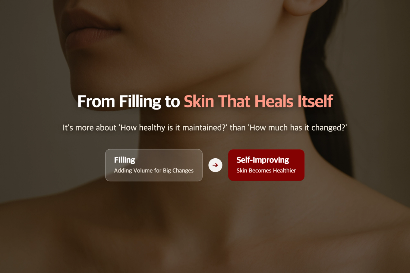 Banner showing the shift in perspective from 'filling beauty' to 'skin improving on its own,' using chips of 'filling' and 'improving on its own.'