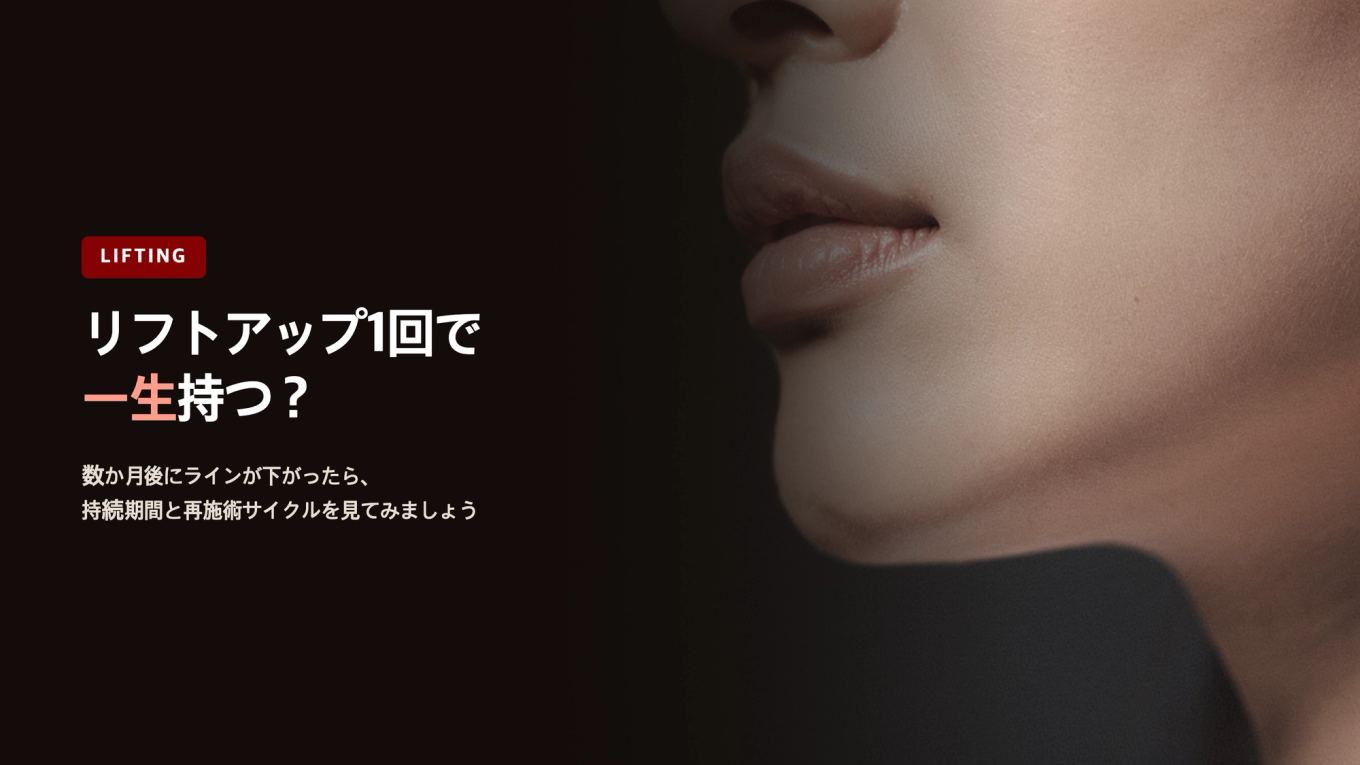はっきりとしたフェイスラインと健康的な肌質の上に、リフトアップの持続期間と再施術サイクルをテーマにしたブログタイトルが載ったサムネイルバナー
