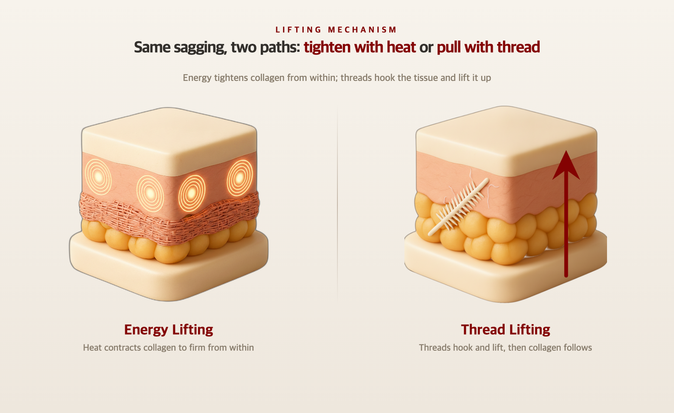 3D model comparing the effects of energy lifting and thread lifting on the skin