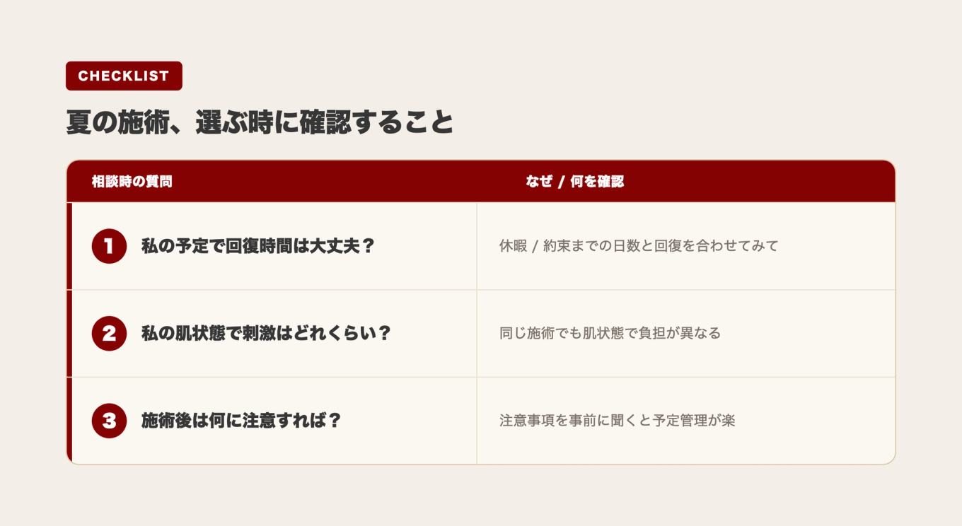 夏の施術を選ぶとき相談で確認する3つの質問表