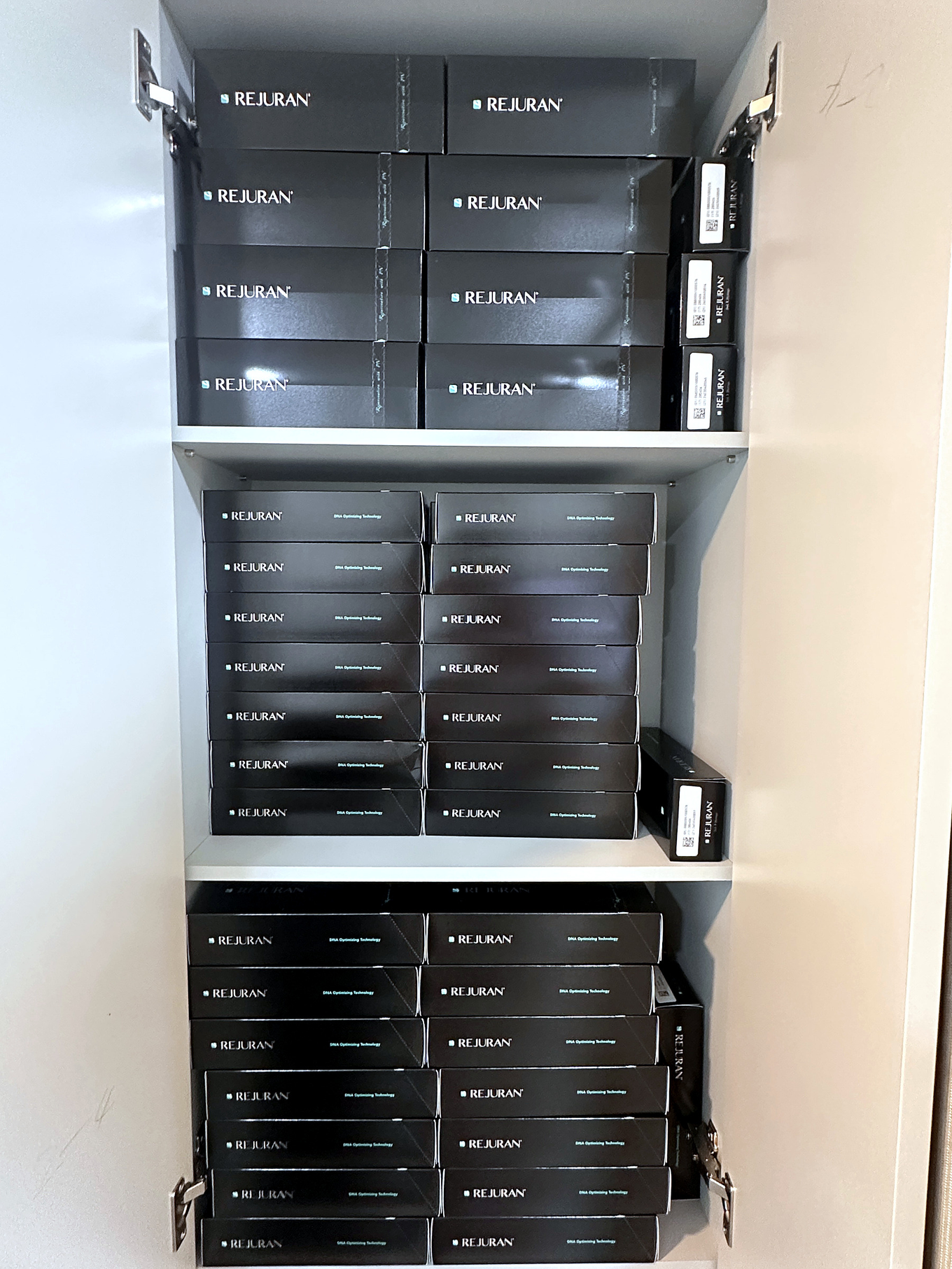 Rejuran stock with serial markers arranged in storage at our Myeongdong clinic