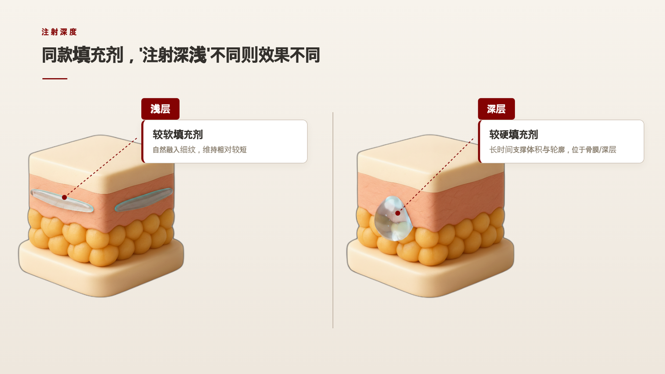 柔软的填充剂自然融合于浅层，硬的填充剂在深层长时间支撑体积的皮肤截面3D模型对比注射深度示意图