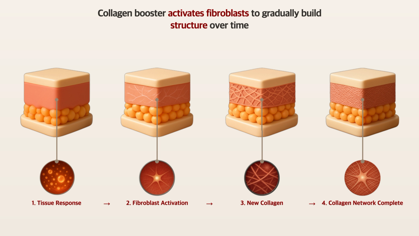 Diagram of fibroblast weaving collagen fibers into a dense network structure in dermal cross-section 3D model