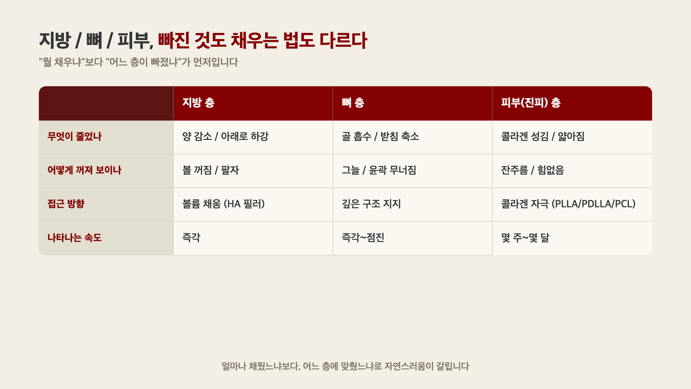 세 층은 빠진 것도 접근도 다르다 - 지방은 볼륨 채움, 뼈는 구조 지지, 진피는 콜라겐 자극