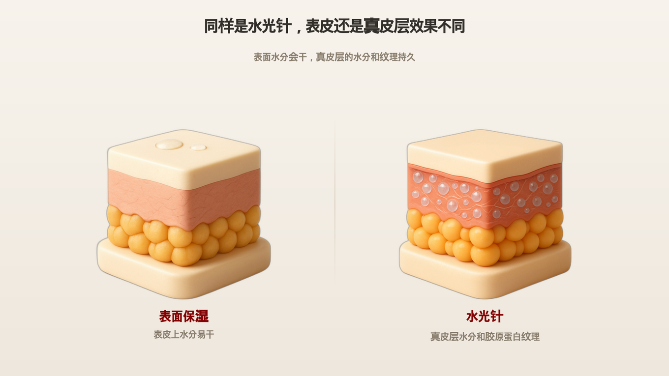 表面保湿覆盖在表皮上很快蒸发,而水光针注入真皮,从内填充水分和胶原