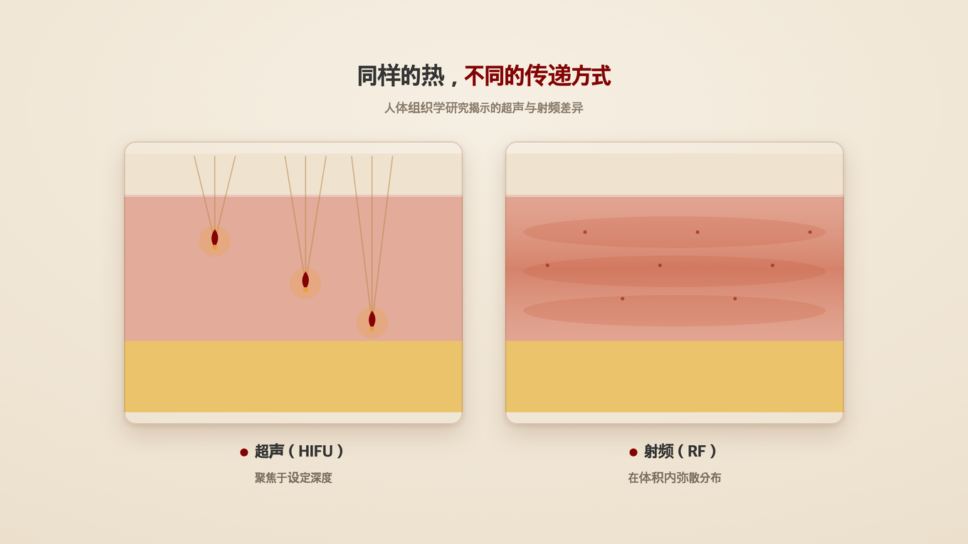 超声聚焦到设定深度,射频则在真皮多个层次弥散分布地传递热量