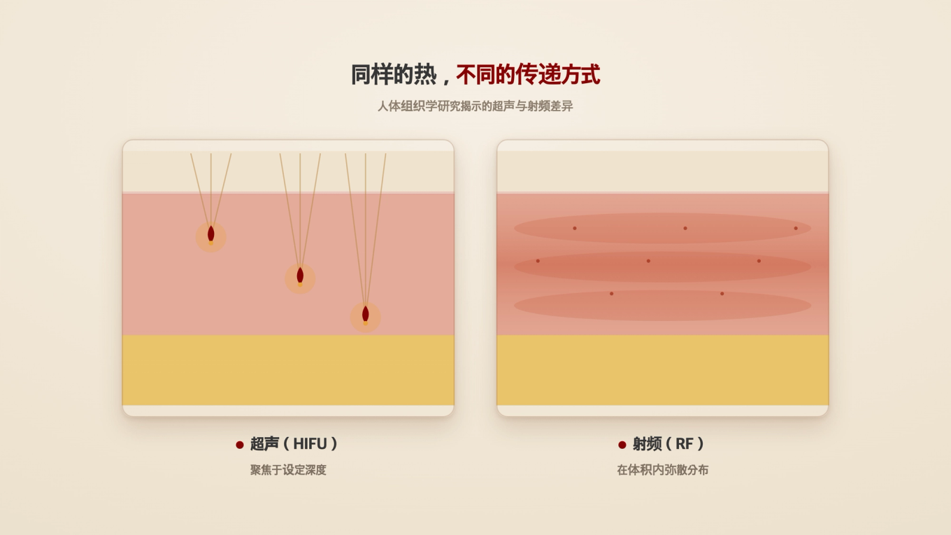 超声聚焦到设定深度，射频则在真皮多个层次弥散分布地传递热量