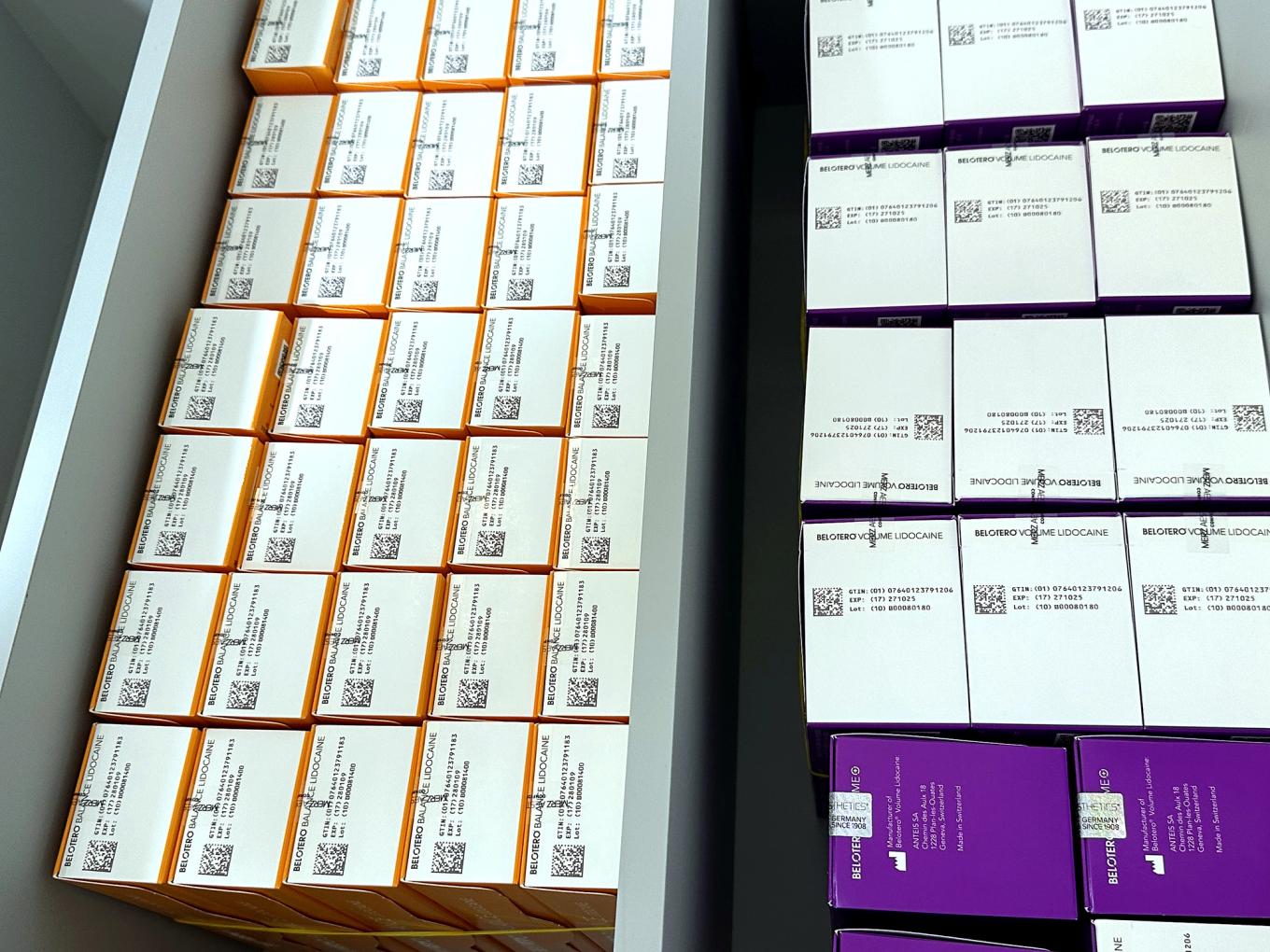 Belotero Balance and Volume filler boxes printed with GTIN, expiry date and lot number