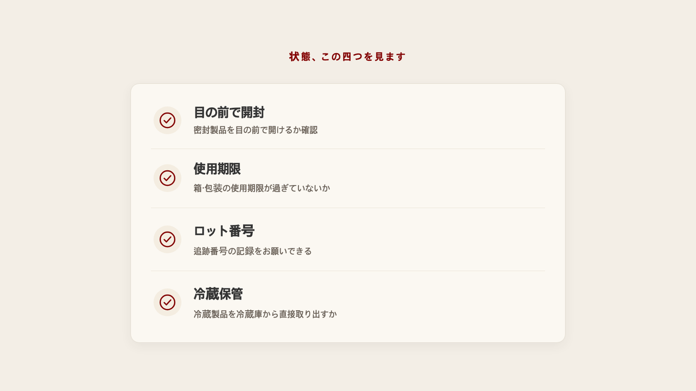 目の前での開封、使用期限、ロット番号、冷蔵保管を確認する状態チェックリスト