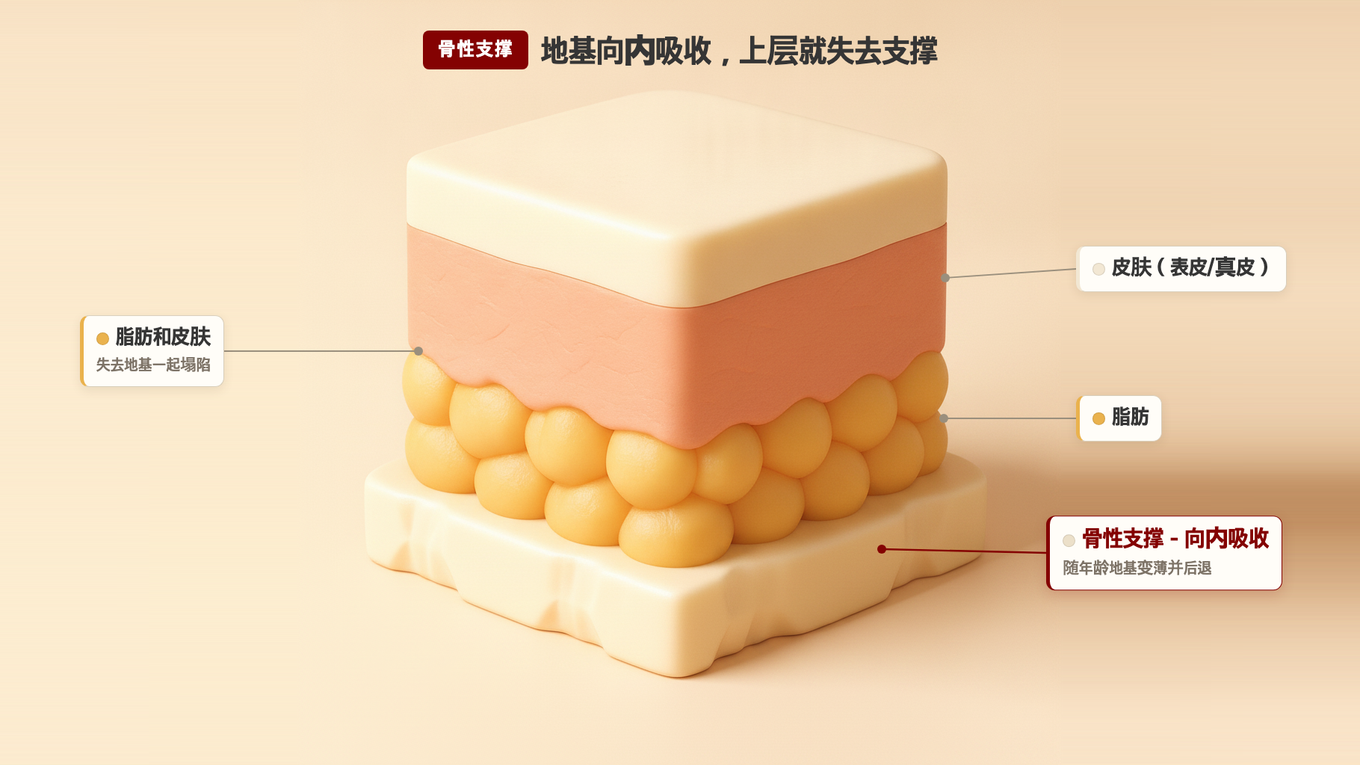 随着年龄增长,骨骼支撑内吸收变薄,覆盖其上的脂肪和皮肤失去支撑基础