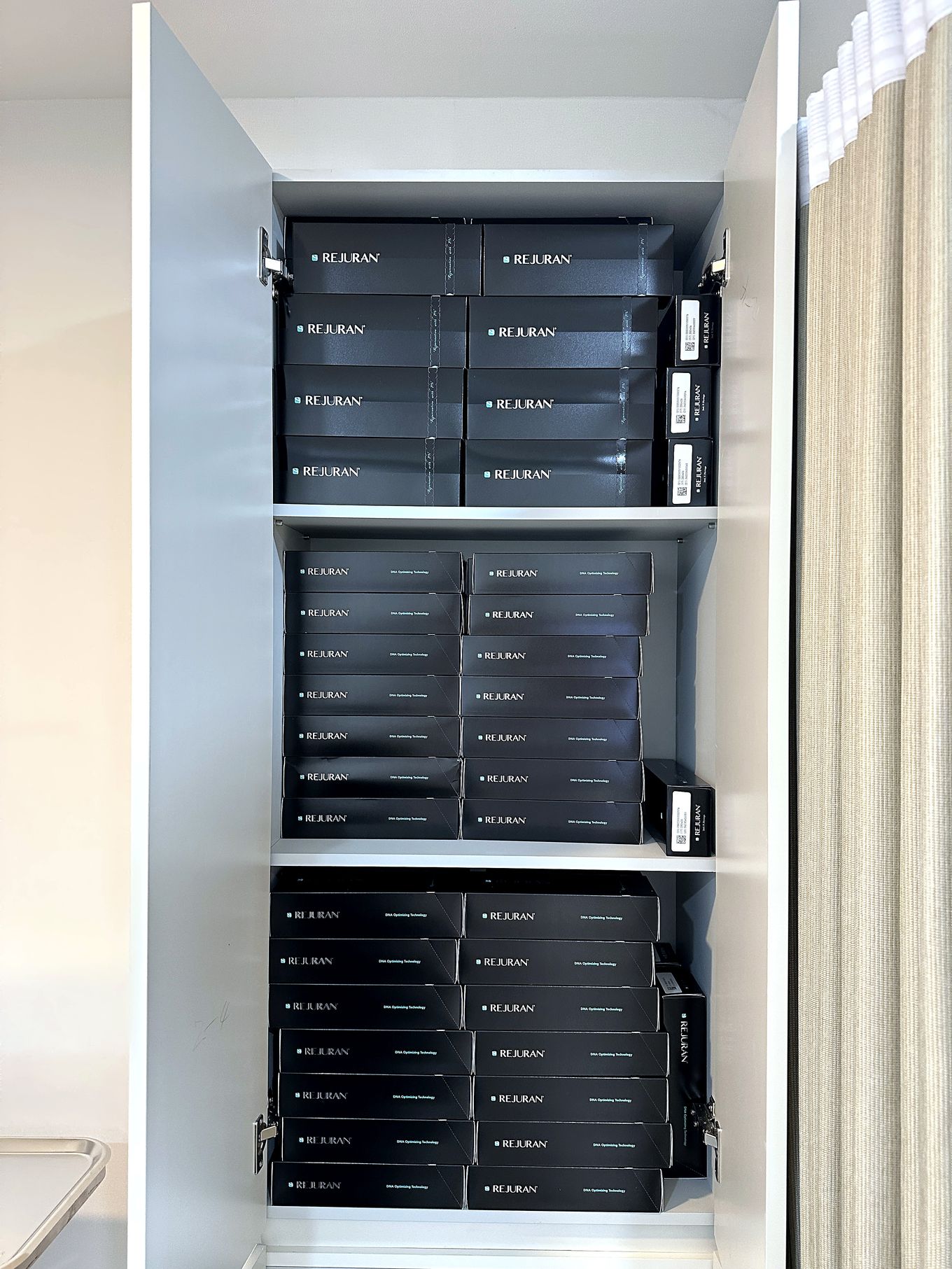 Genuine Rejuran stock in the storage cabinet at our Myeongdong clinic, the actual product used in treatments