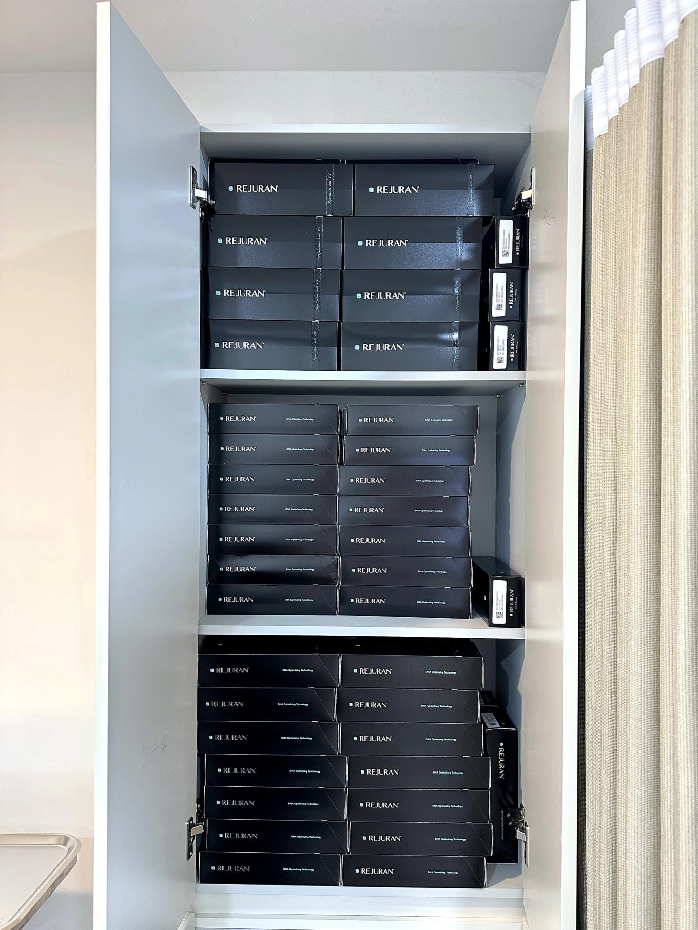 Genuine Rejuran stock in the storage cabinet at our Myeongdong clinic, the actual product used in treatments