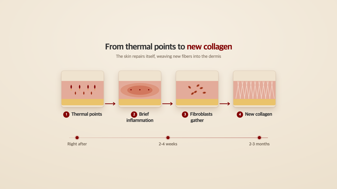 Once thermal coagulation points form, fibroblasts gather and weave new collagen over weeks to months