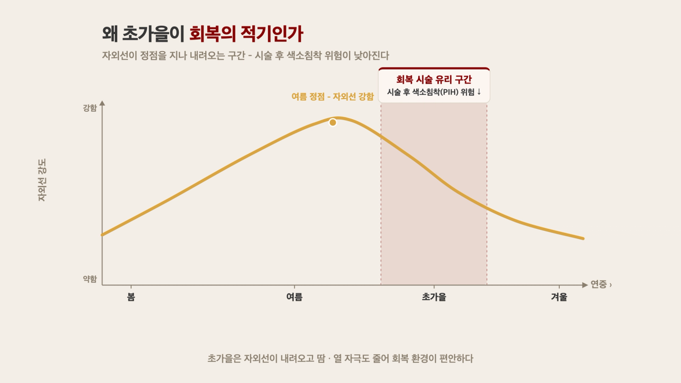 연중 자외선 강도가 한여름 정점을 지나 초가을에 내려오면서, 시술 후 색소침착 위험이 낮아지는 회복 유리 구간이 열리는 것을 보여주는 도식