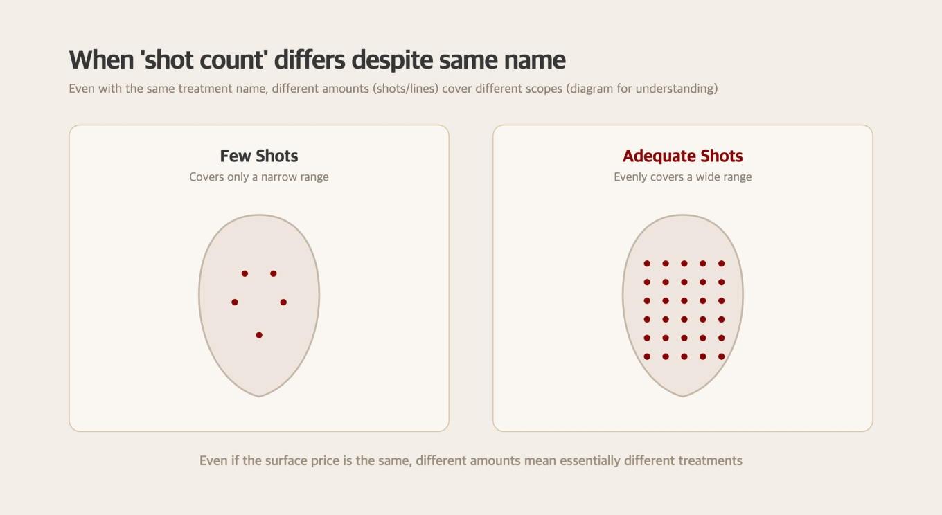 Comparison diagram showing how different shot counts affect treatment areas