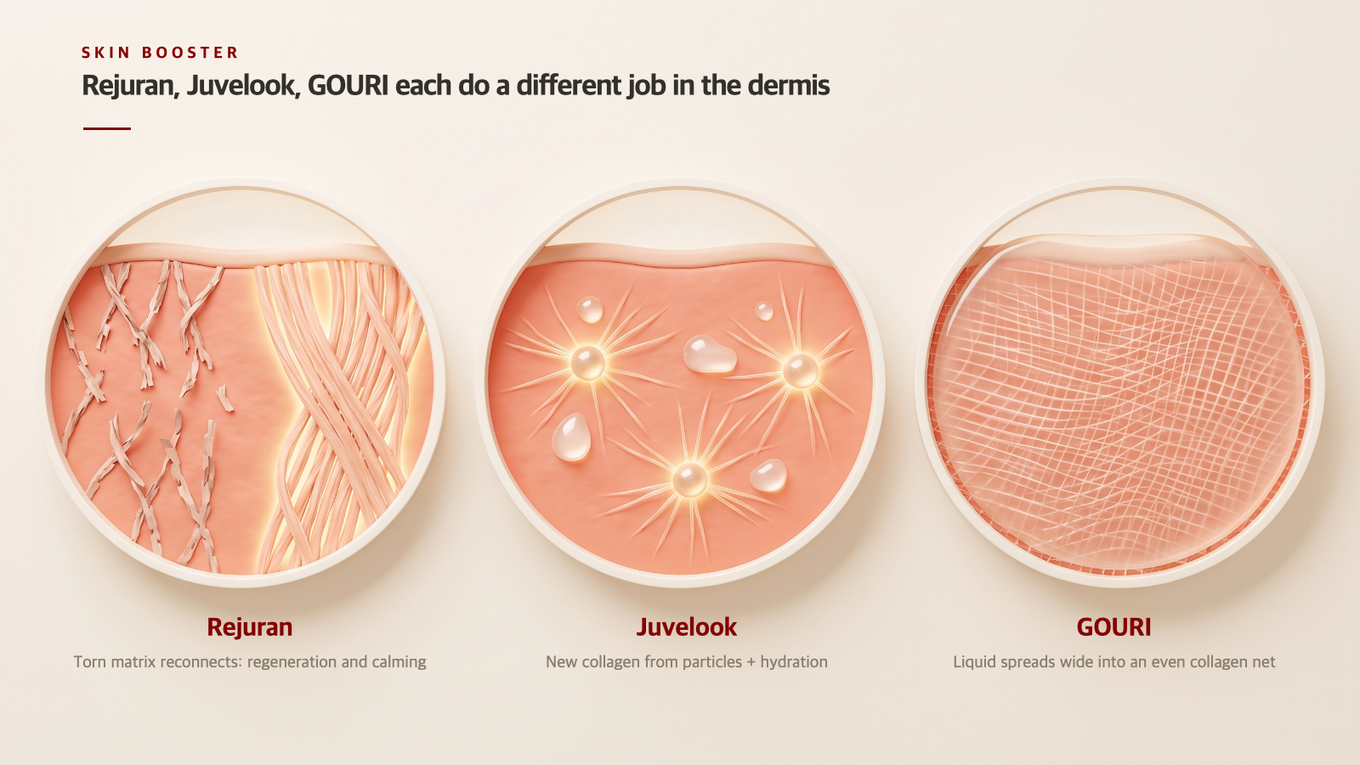 Rejuran focuses on tissue regeneration, Juvelook on collagen and moisture, and GOURI on broad collagen and elasticity