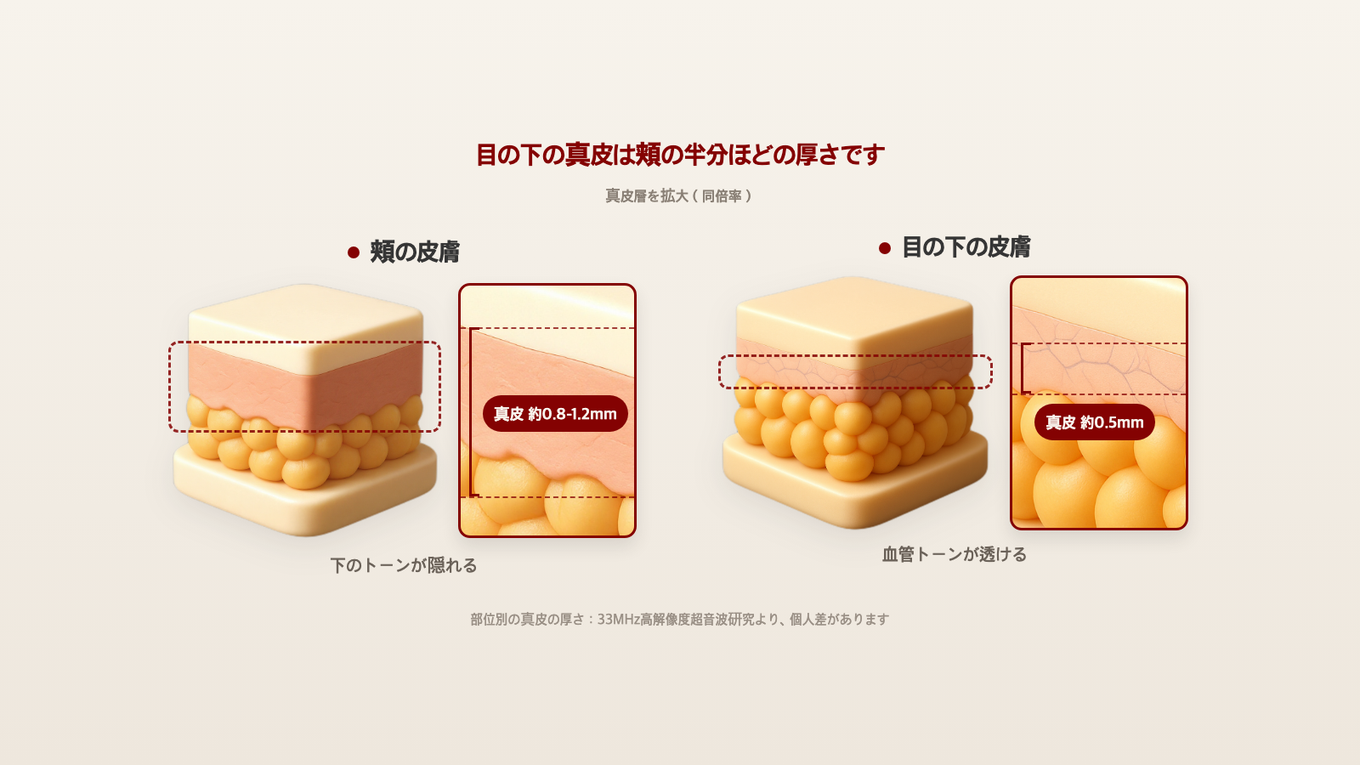 頬の皮膚と目の下の皮膚模型の真皮層を同倍率で拡大比較 - 頬は真皮が厚く下のトーンが隠れ、目の下は半分程度で血管トーンが透ける