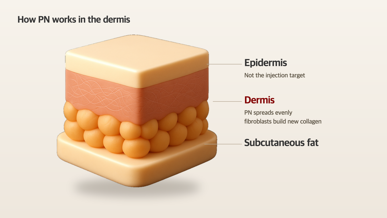 Polynucleotide spreads through the dermis between the epidermis and fat layers, stimulating fibroblasts to build new collagen