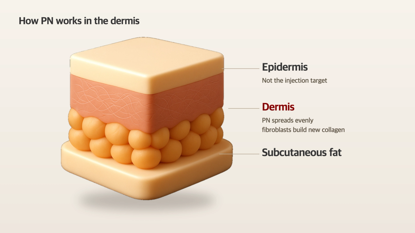Polynucleotide spreads through the dermis between the epidermis and fat layers, stimulating fibroblasts to build new collagen
